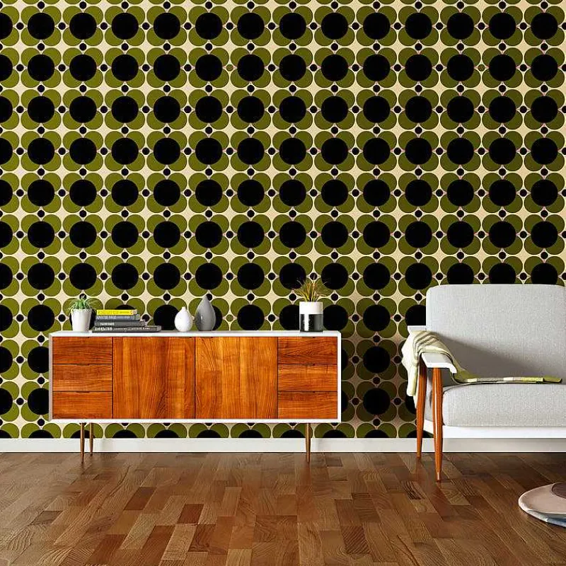 Orla Kiely Wallpaper-Atomic Flower Khaki Wallpaper